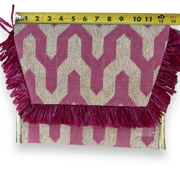 WKND WYFR Pink and Neutral Raffia Envelope Clutch with Gold Metallic Accents